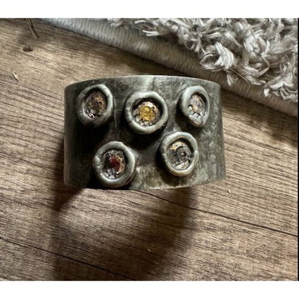 Vintage Bangle Cuff With Embedded Gemstones - Handcrafted & Signed By Michael Wu